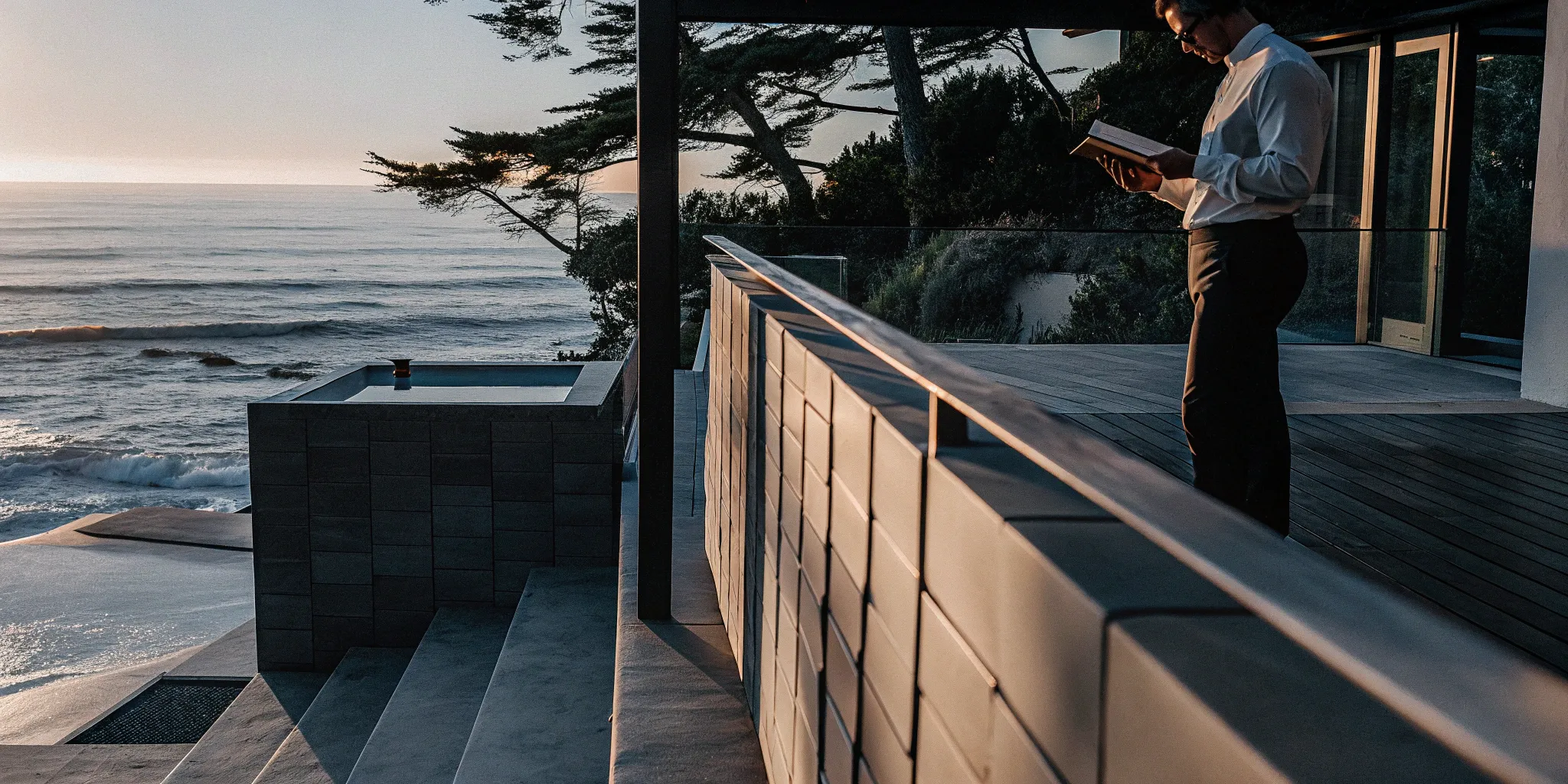 Wedding officiant reading on a California deck at sunset.