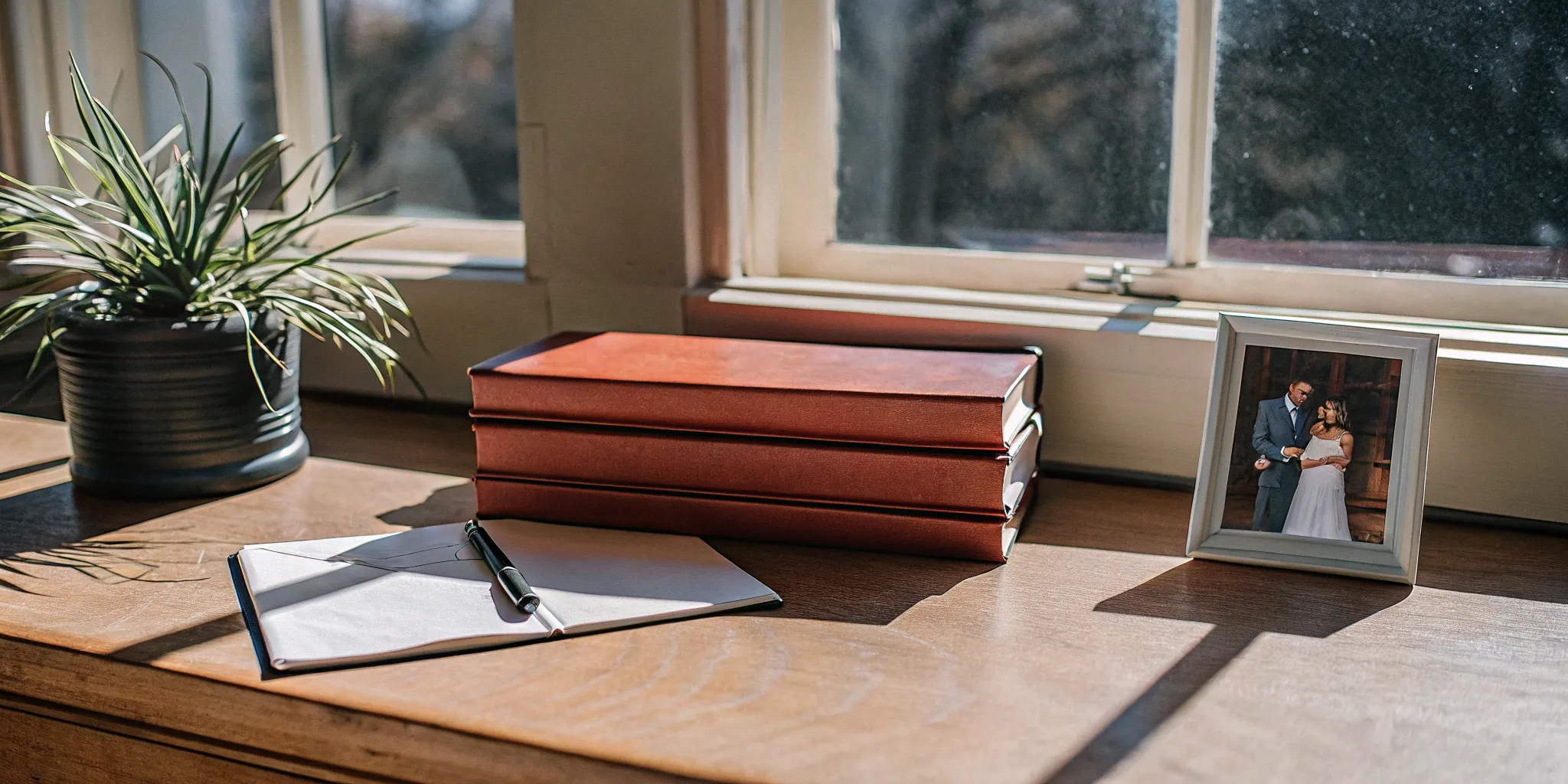 Wedding officiant's tools in New York: notebook, pen, and wedding photo on sunny windowsill.