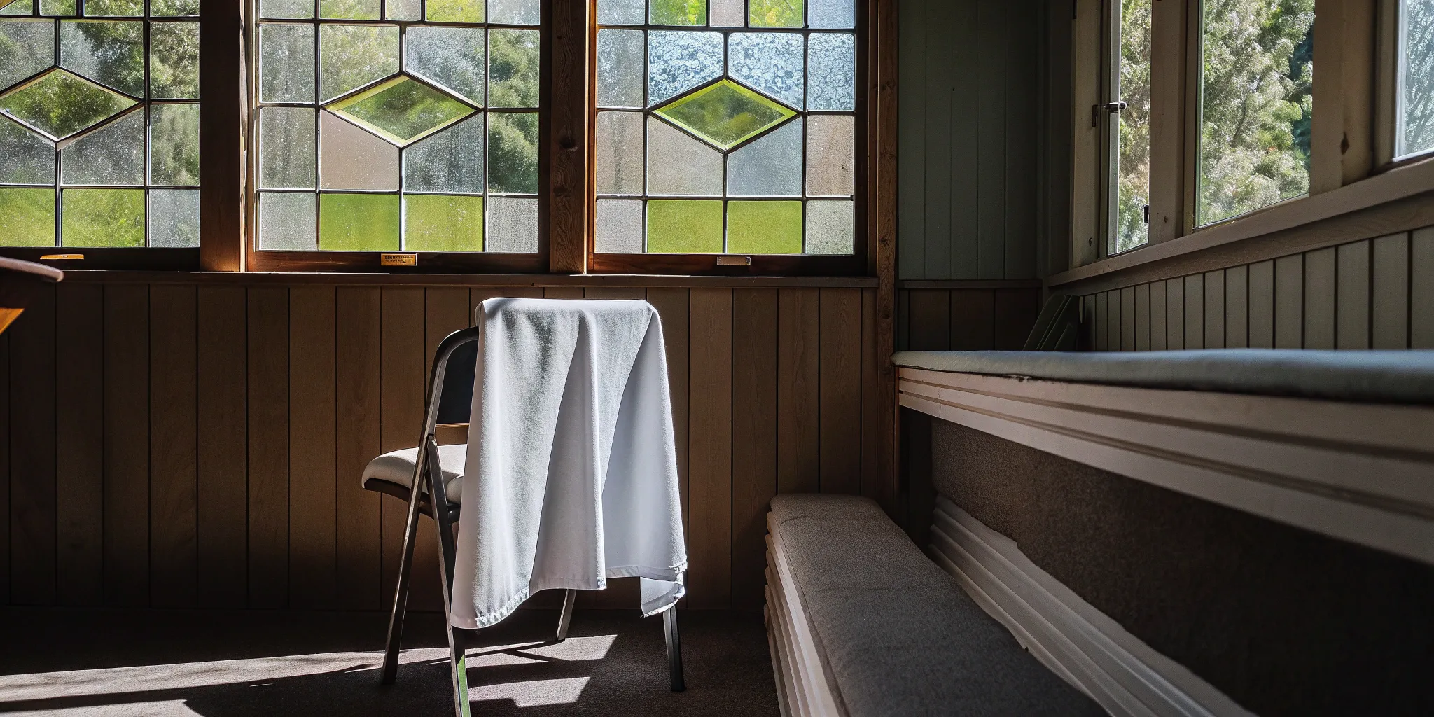 Ordained minister setup with chair, white cloth, and stained glass.