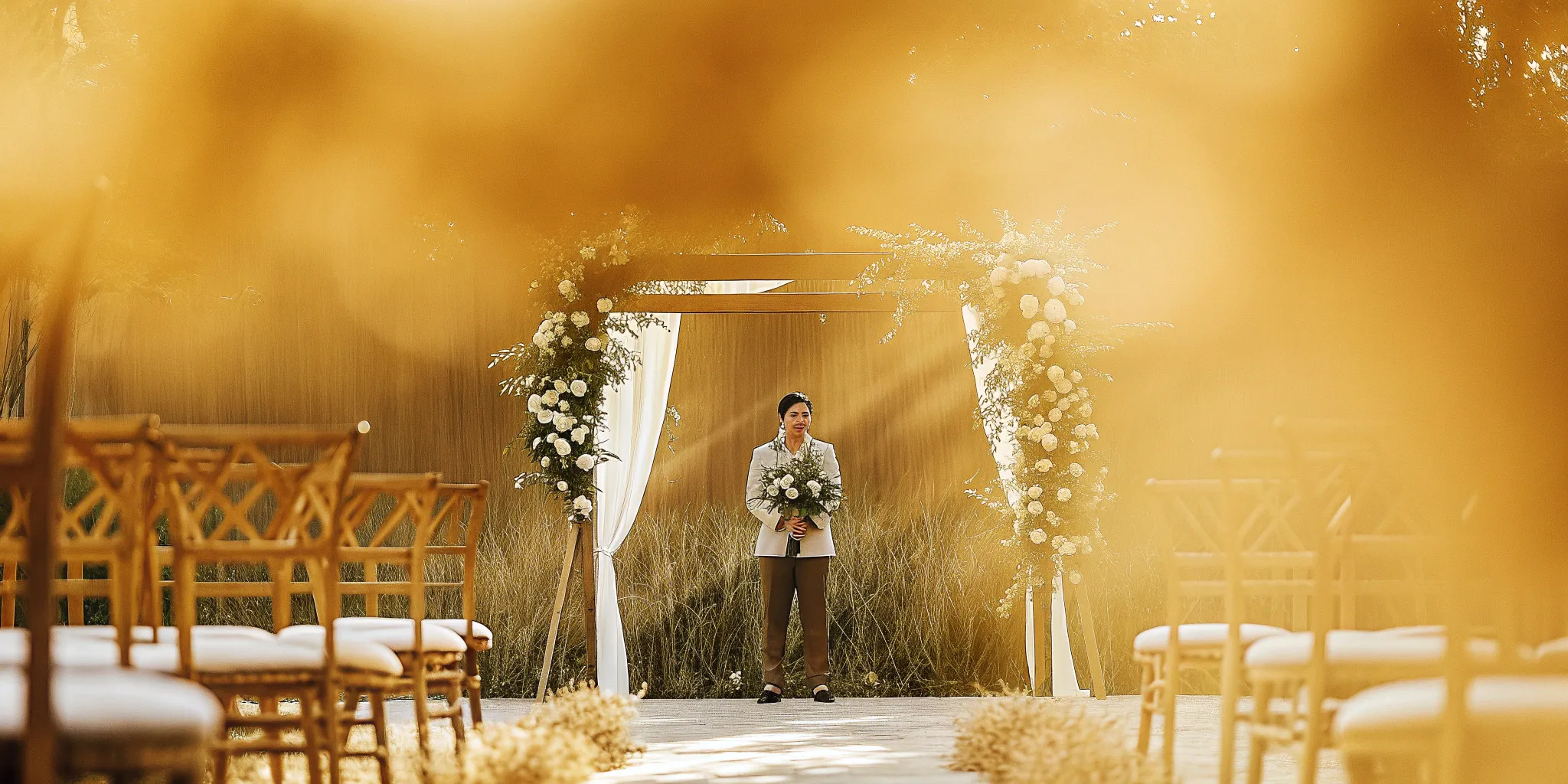 NC wedding officiant under floral arch, ready for the ceremony.