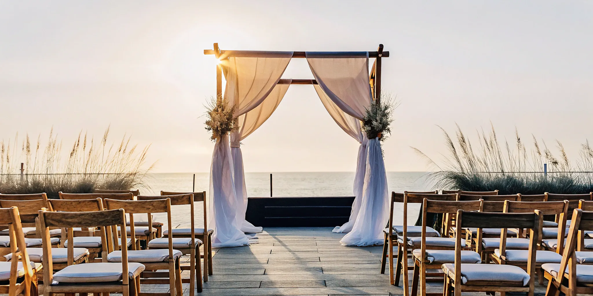 Wedding ceremony arch and seating.